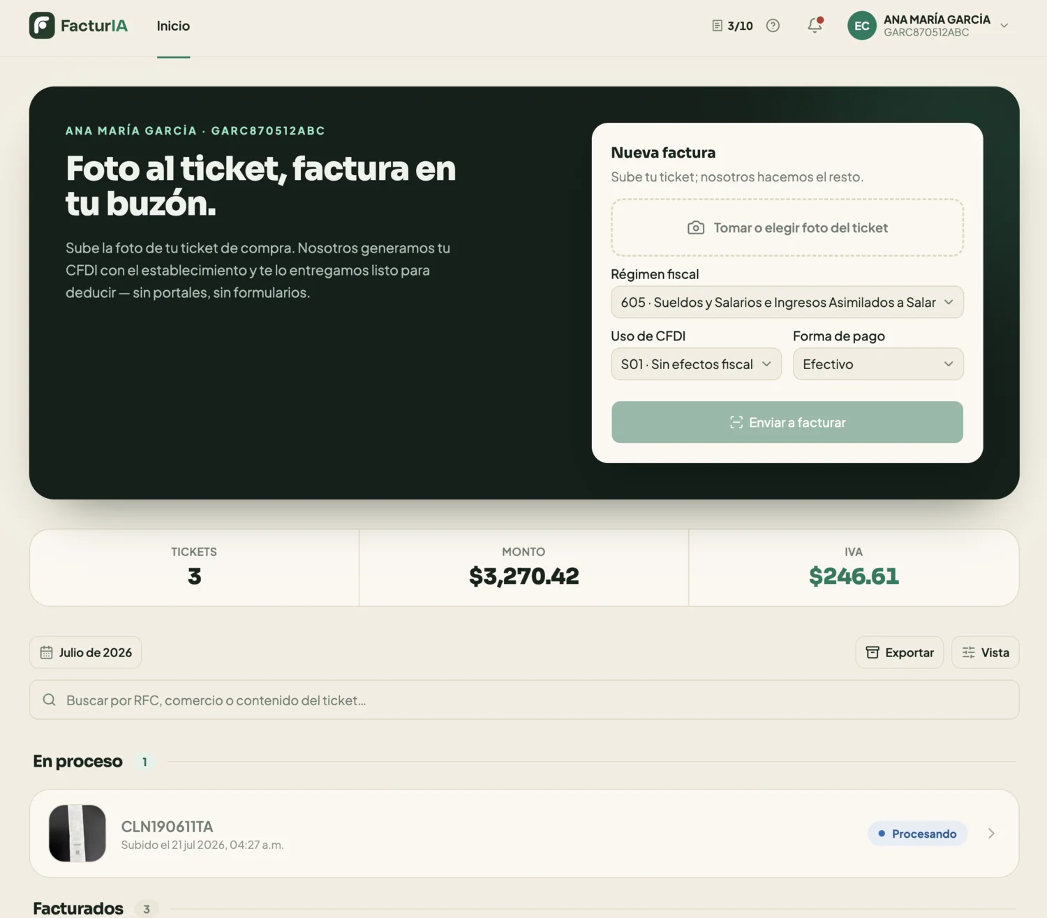 FacturIA en la web: tickets del mes con su monto e IVA, y tus facturas en proceso y completadas